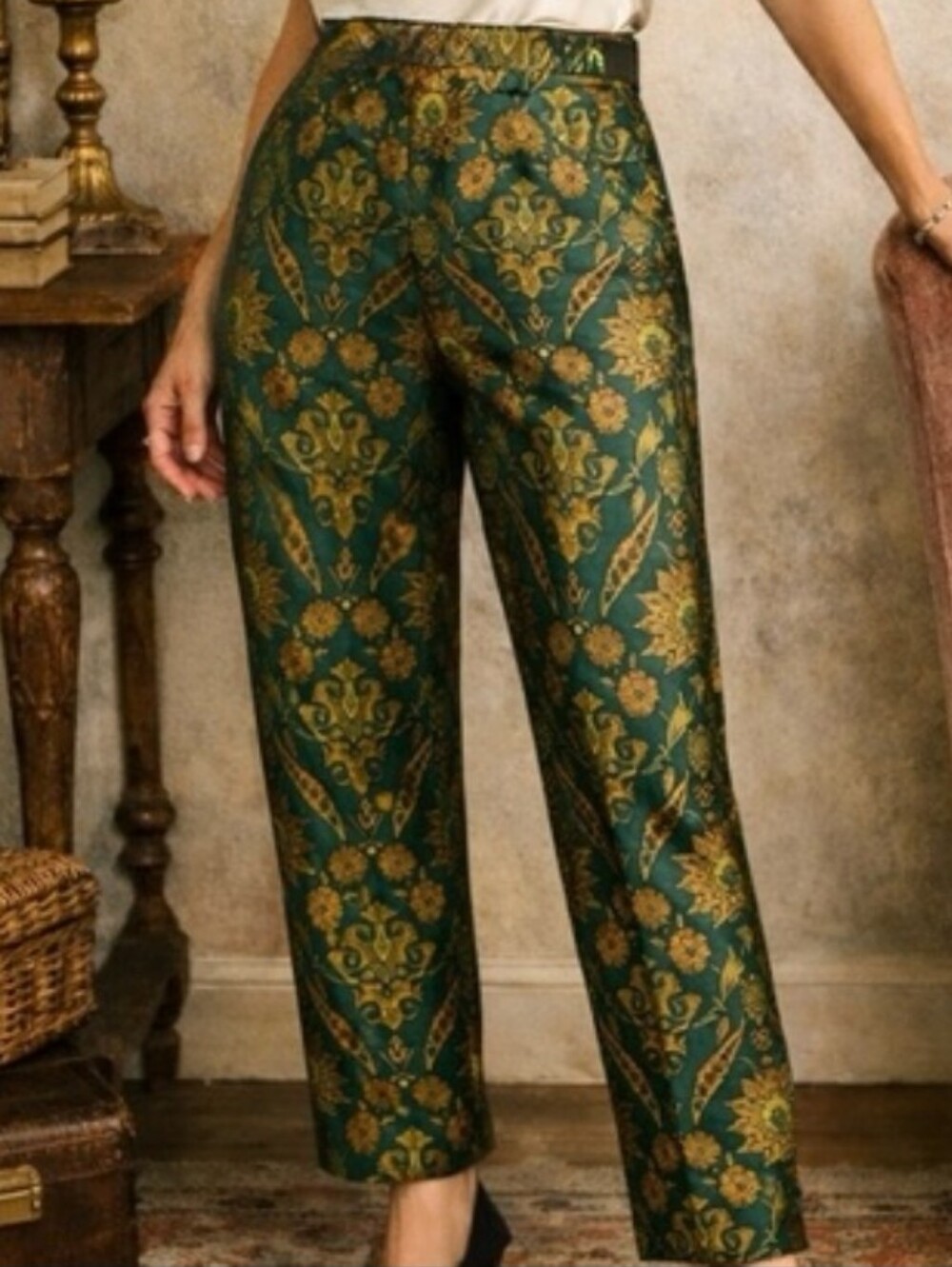 Anthropologie Maeve Melyssa Jacquard Pants Trousers Floral Green Gold Size XS